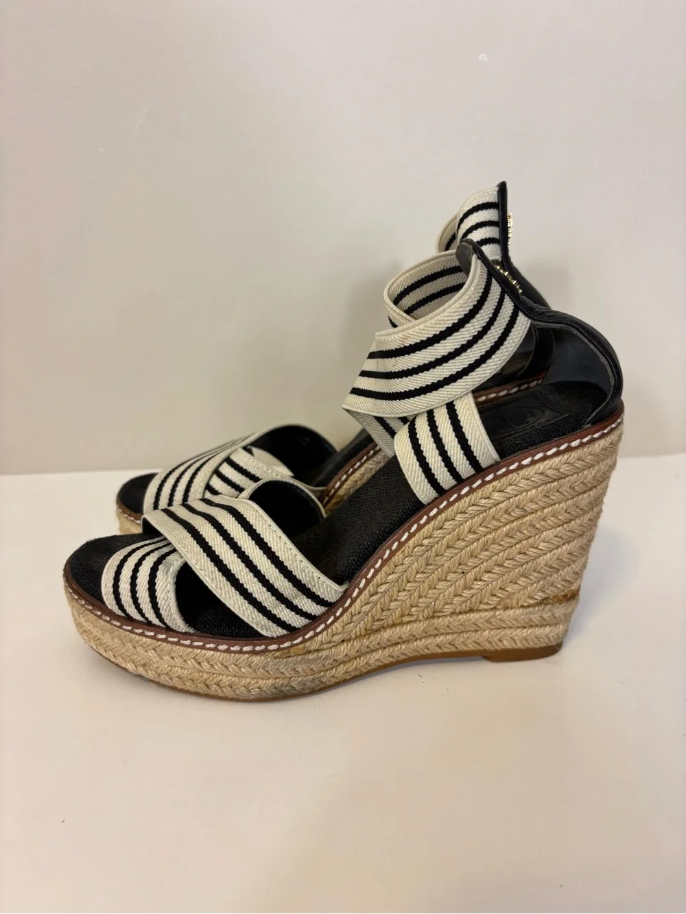 Tory Burch Navy & White Striped Espadrille High Wedge Sandals 6.5